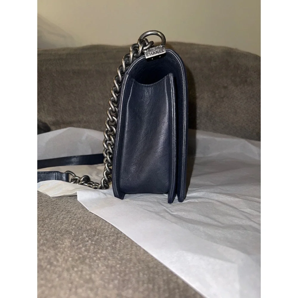 Chanel Studded Boy Flap Bag New Medium Dark Navy Aged Ruthenium Hardware COA